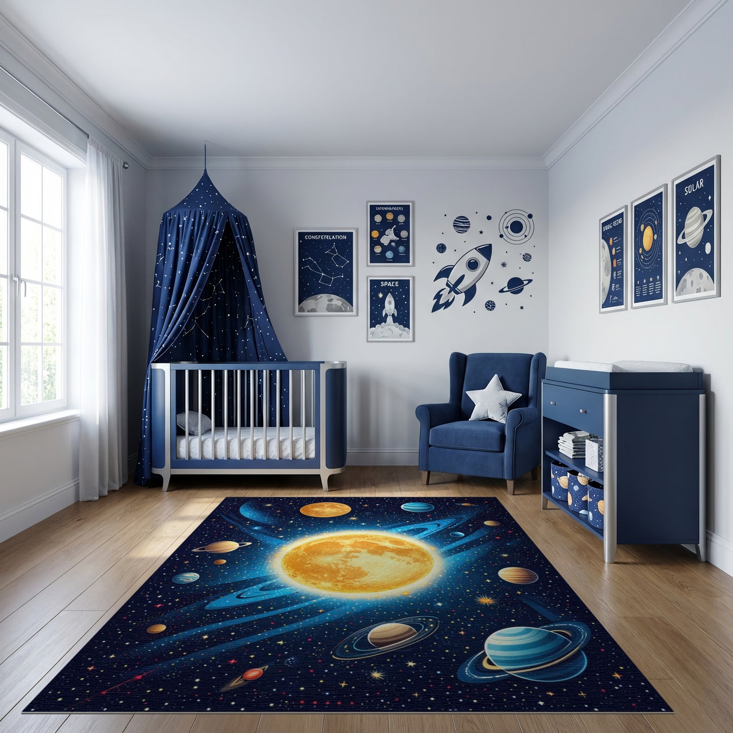 Vibrant Golden Cosmic Planets Stars Rug