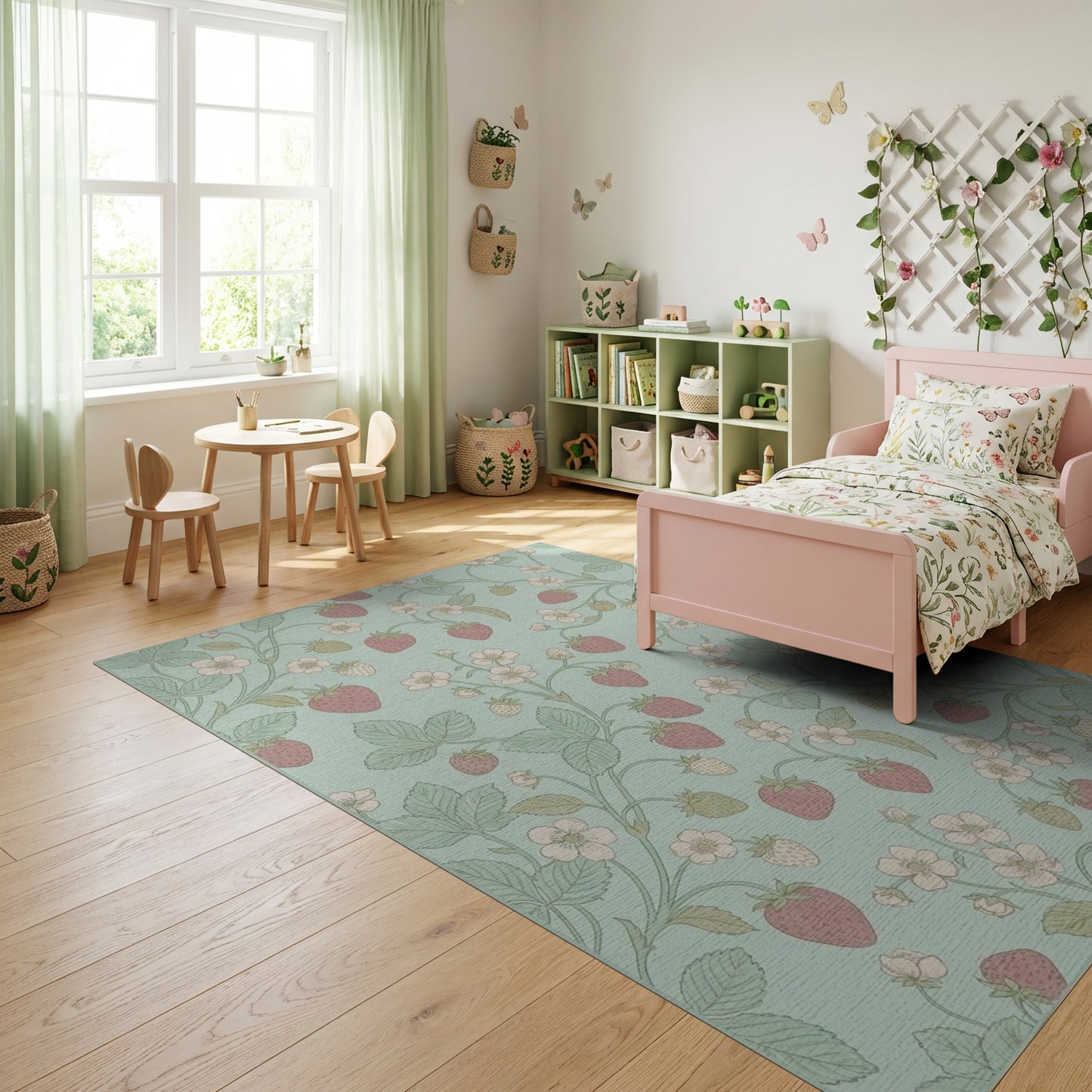 Whimsical Pastel Strawberry Floral Vine Rug