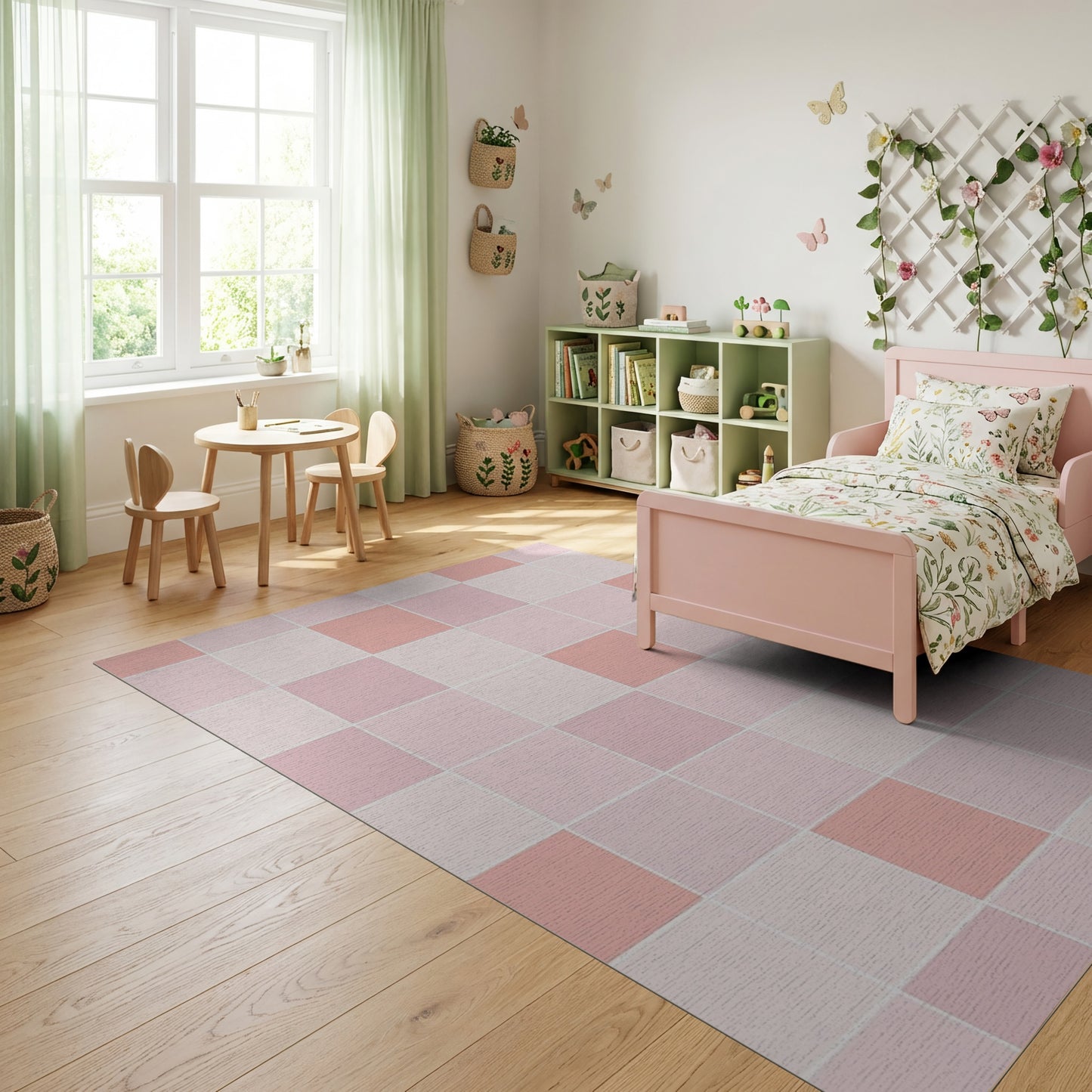 Blush Pink Geometric Grid Rug