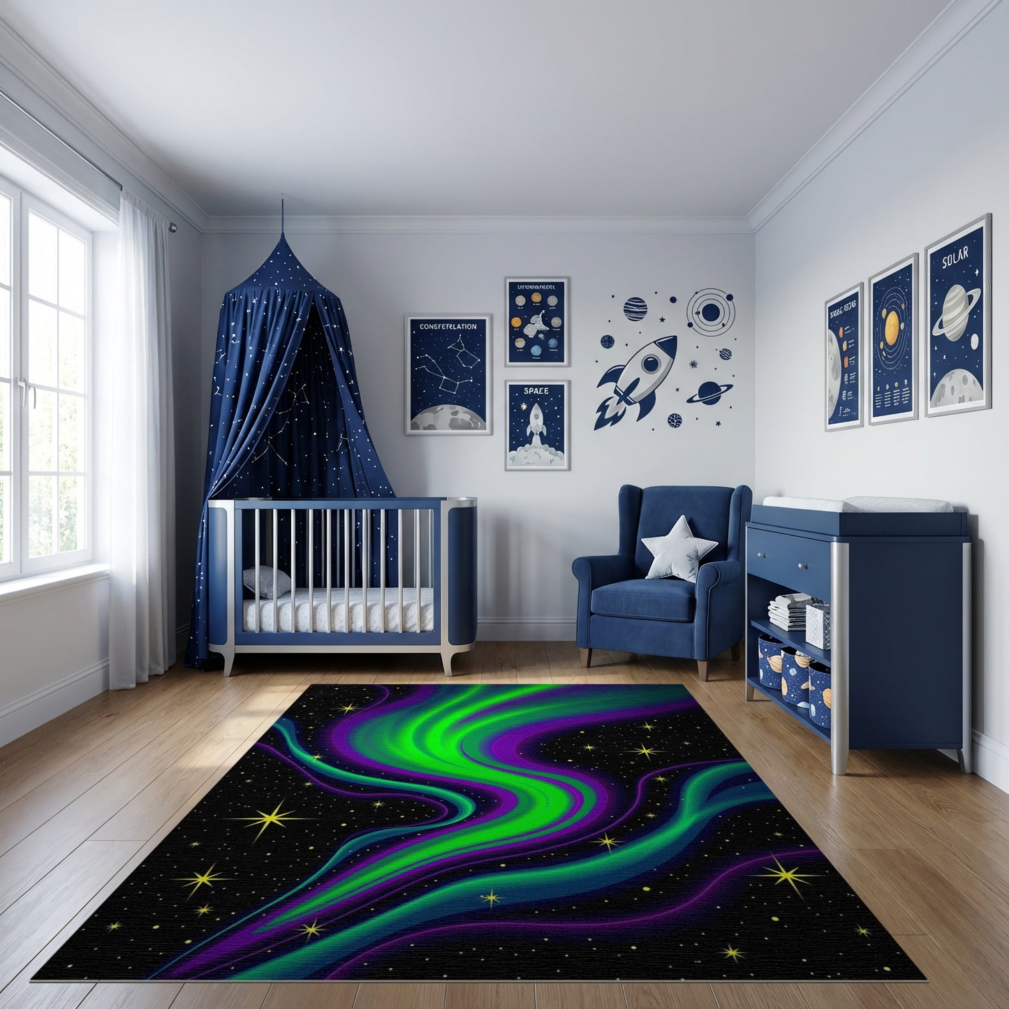 Neon Aurora Waves Starry Rug