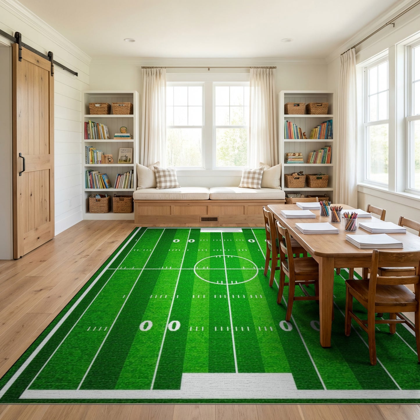 Vibrant Green Football Field Rug