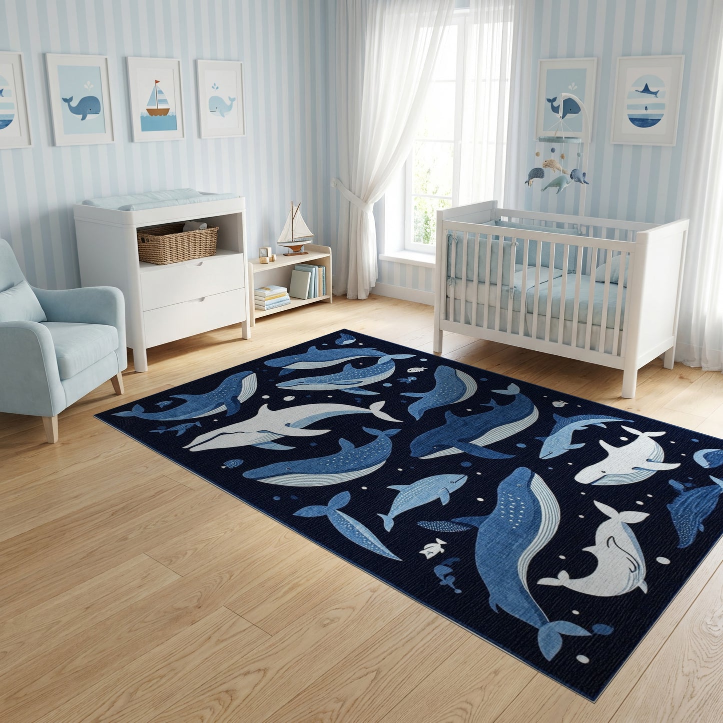 Whimsical Navy Whales and Fish Rug