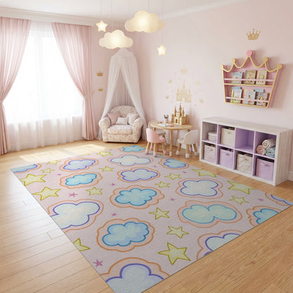 Playful Pink Clouds and Stars Rug