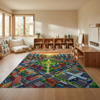 Vibrant Sunset Cityscape Warm Tones Rug