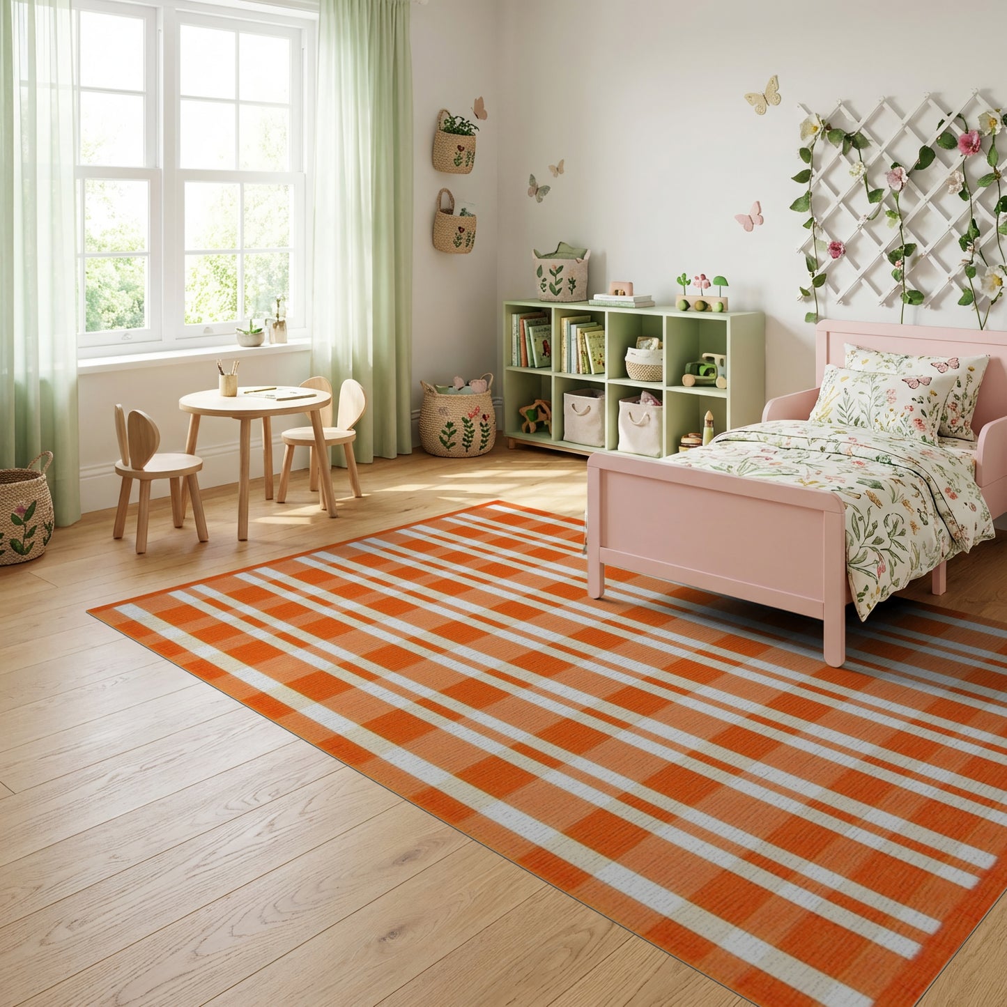 Bold Orange White Checkered Pattern Rug