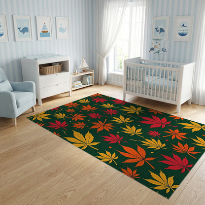 Vibrant Yellow Orange Red Leaves Green Rug