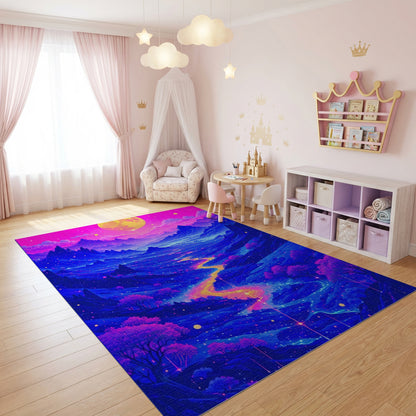 Vibrant Neon Mountain Moon River Rug