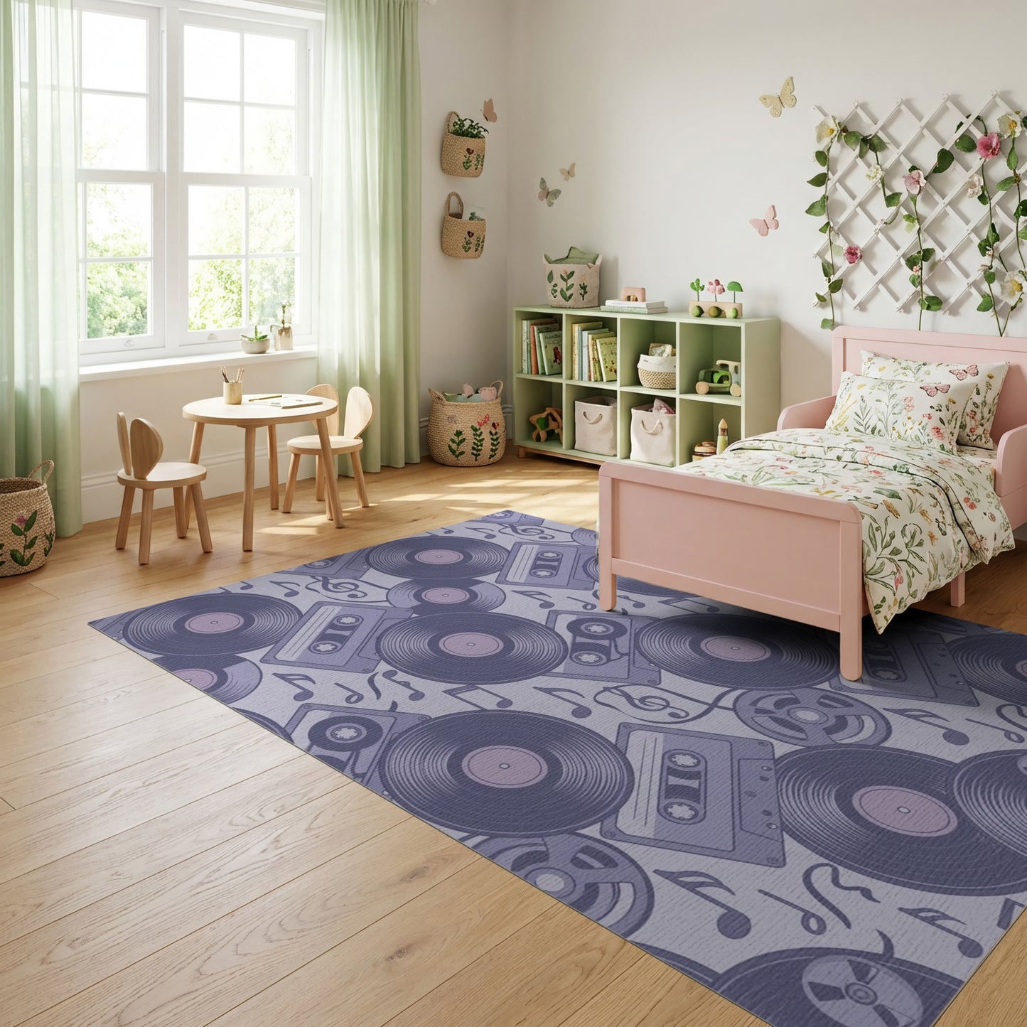 Retro Purple Vinyl Records Cassettes Rug