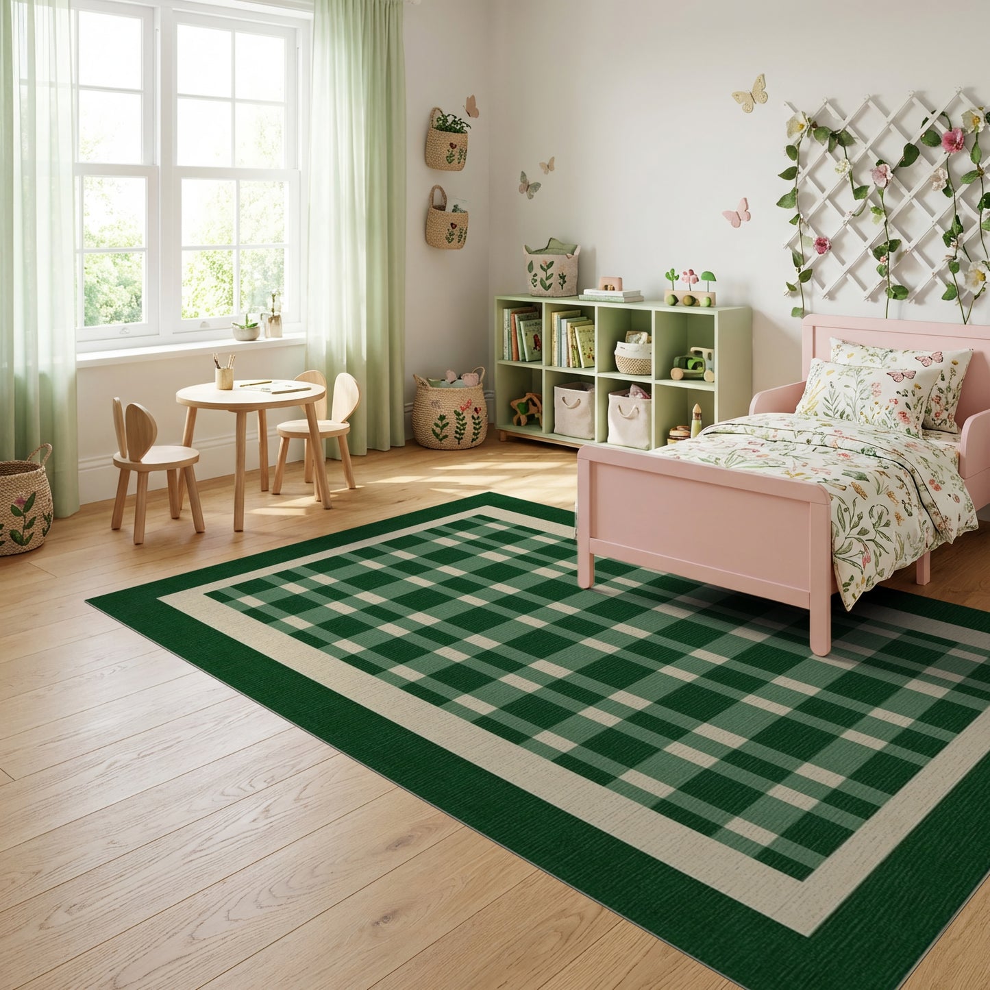 Green and White Checkered Border Rug