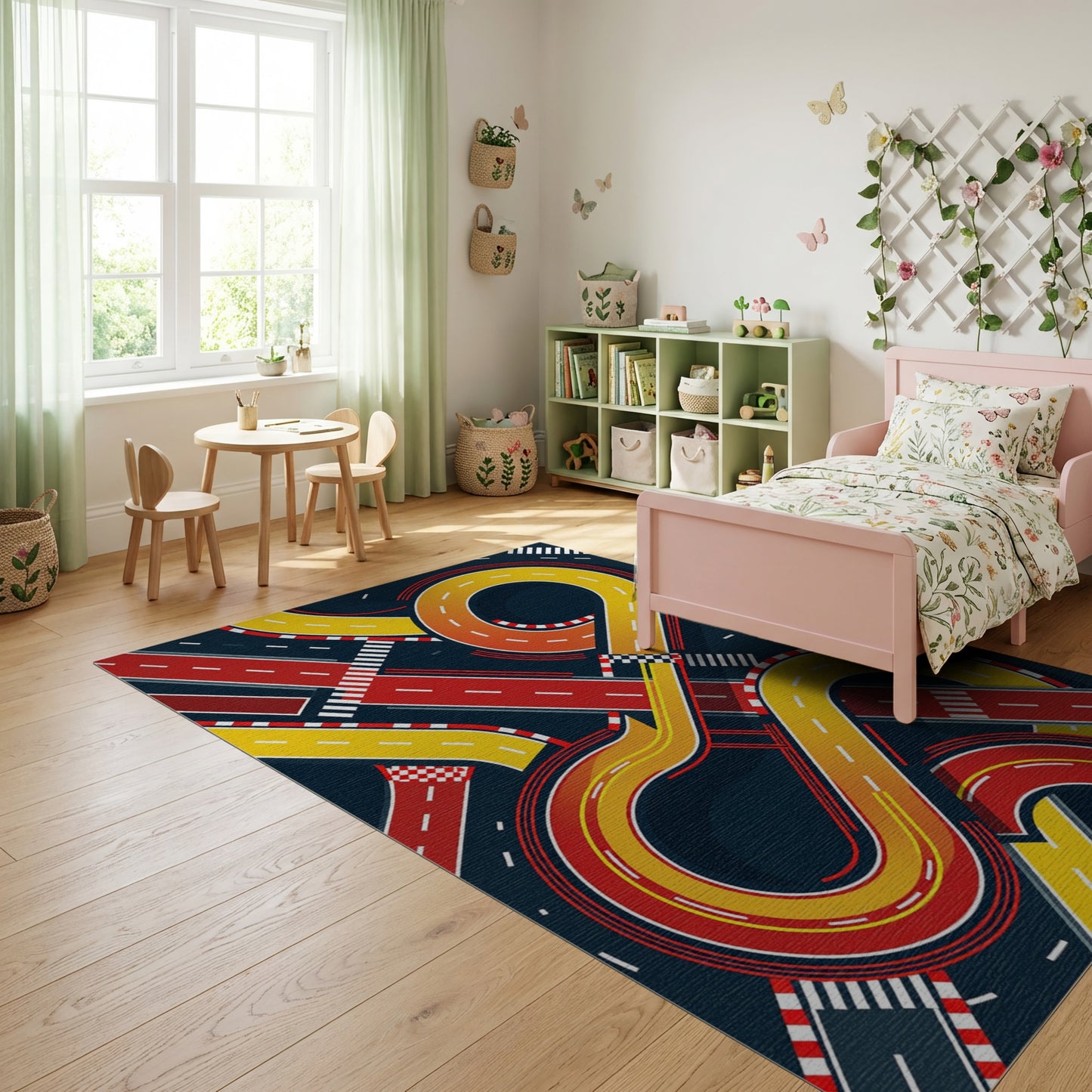 Dynamic Red Yellow Racing Tracks Rug