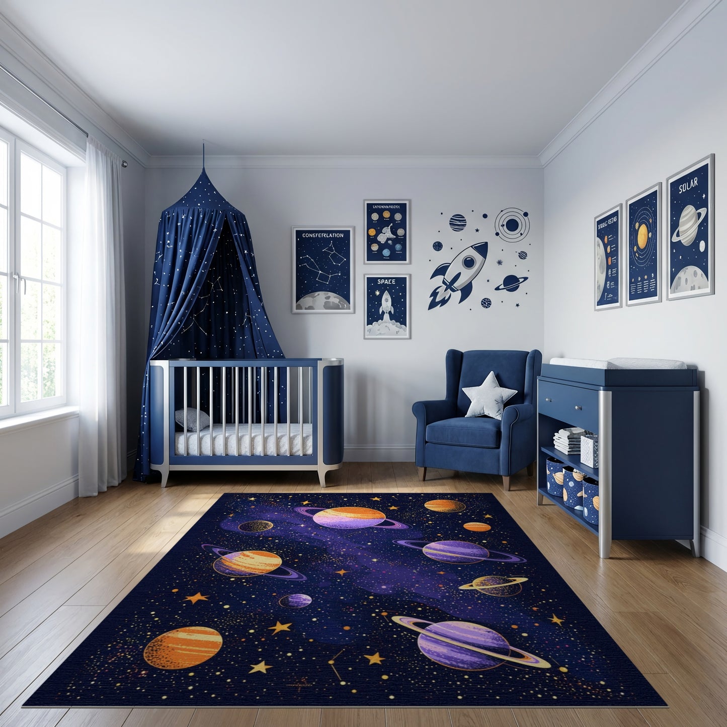 Vibrant Cosmic Ringed Planets Stars Rug