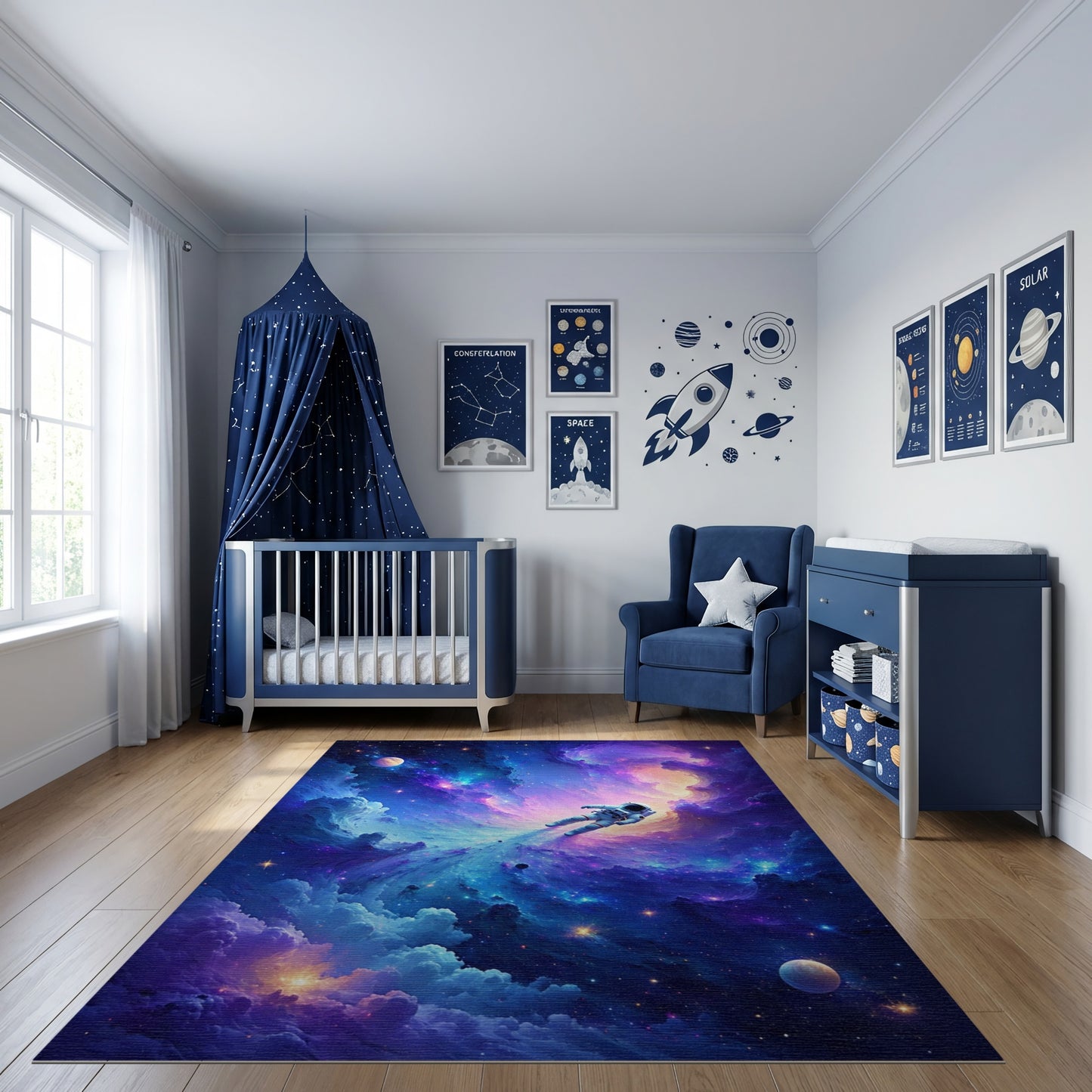 Vibrant Cosmic Astronaut Nebula Rug