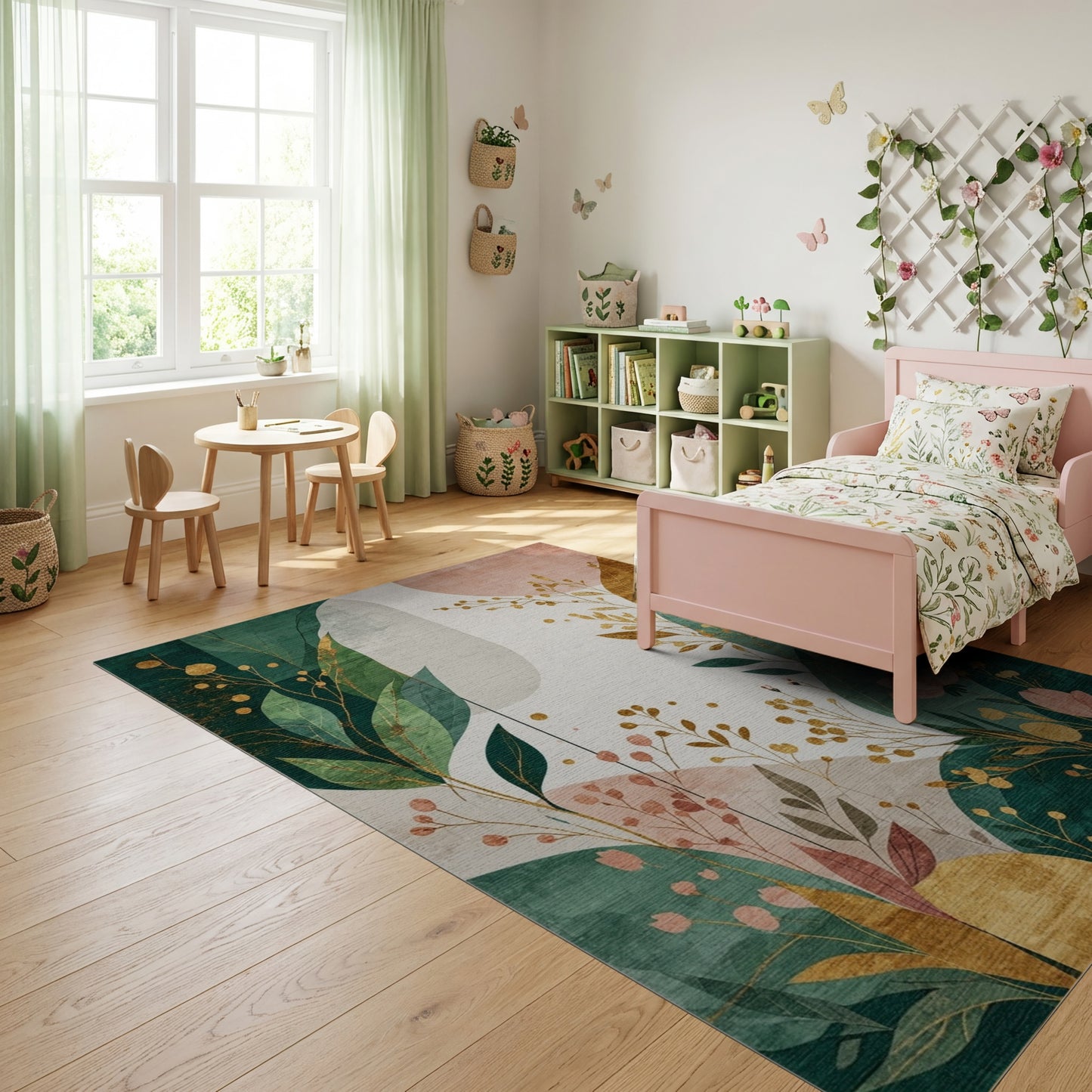 Emerald Green Gold Foliage Abstract Rug