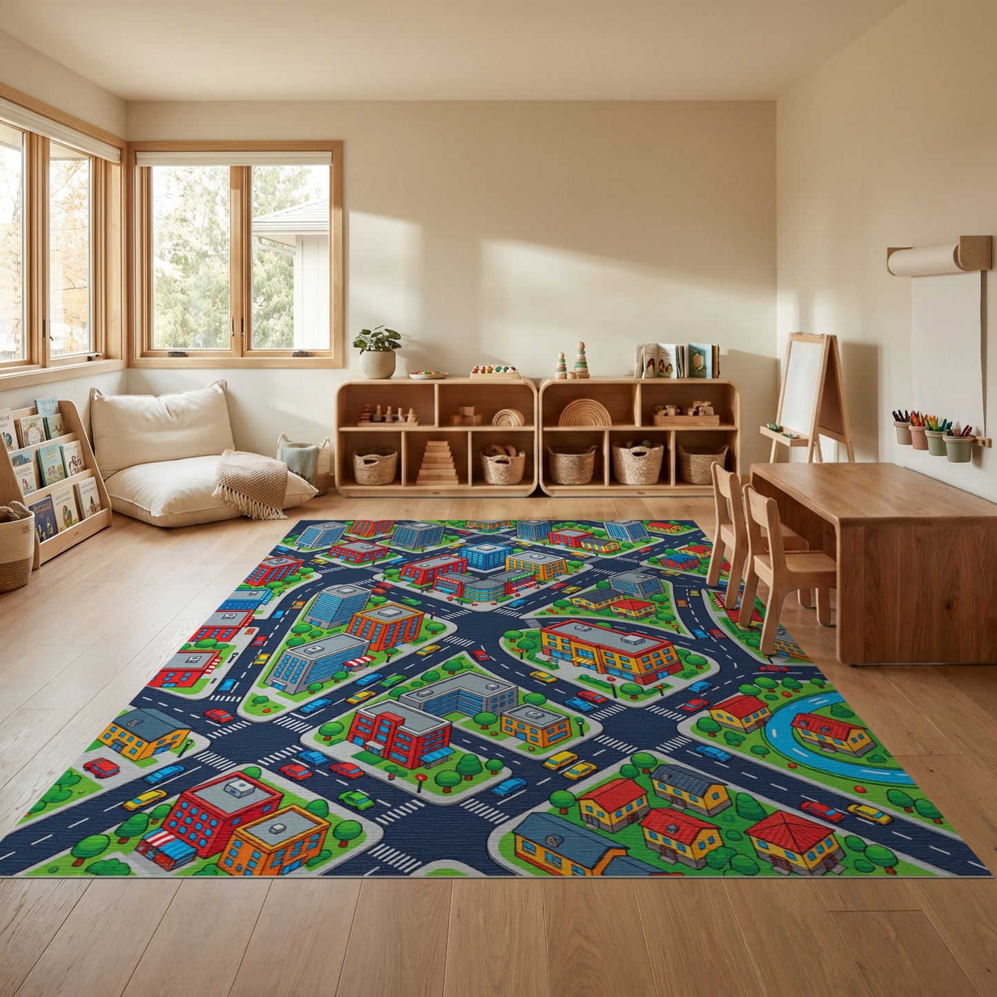Vibrant Isometric Cityscape Pattern Rug