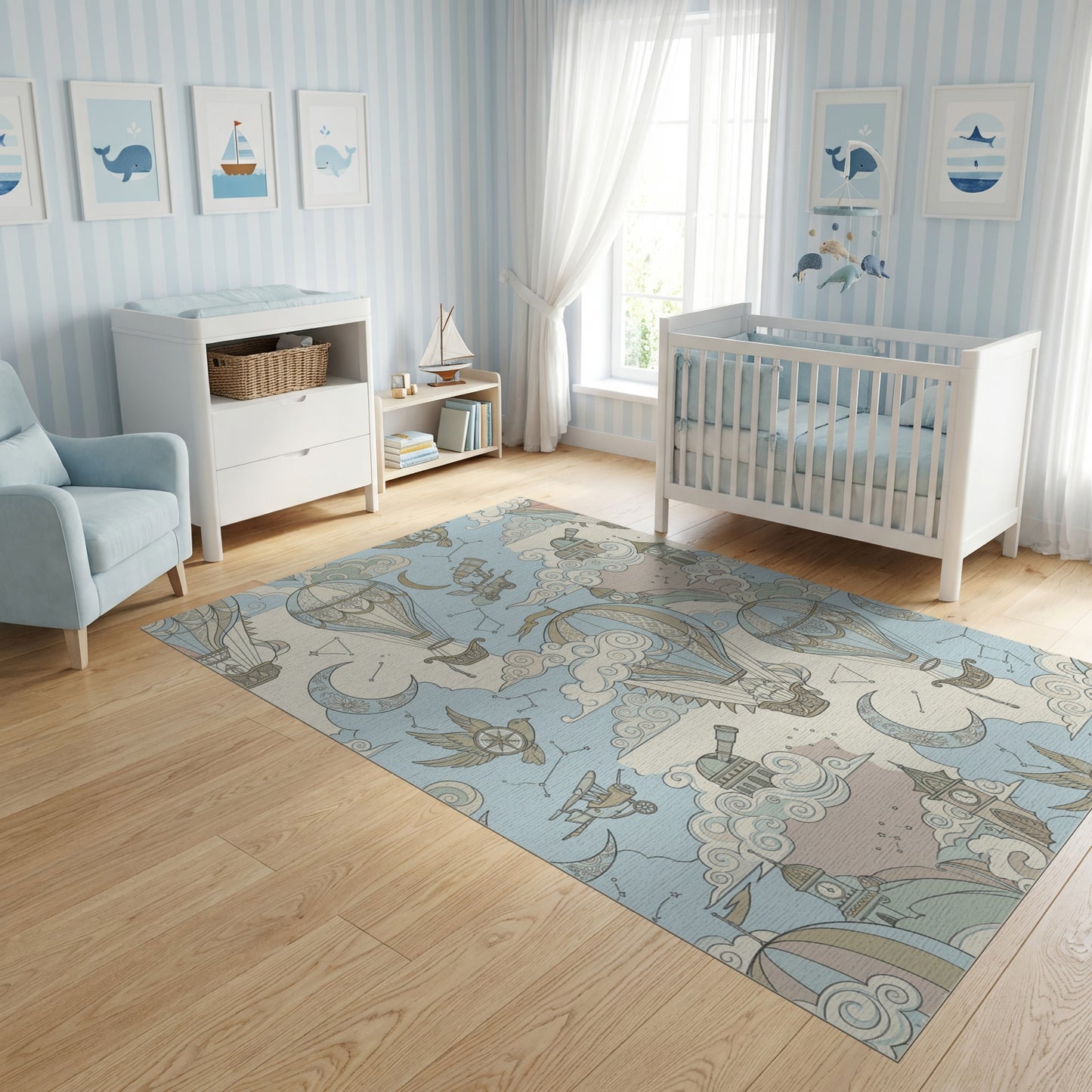 Whimsical Hot Air Balloons Celestial Clouds Rug