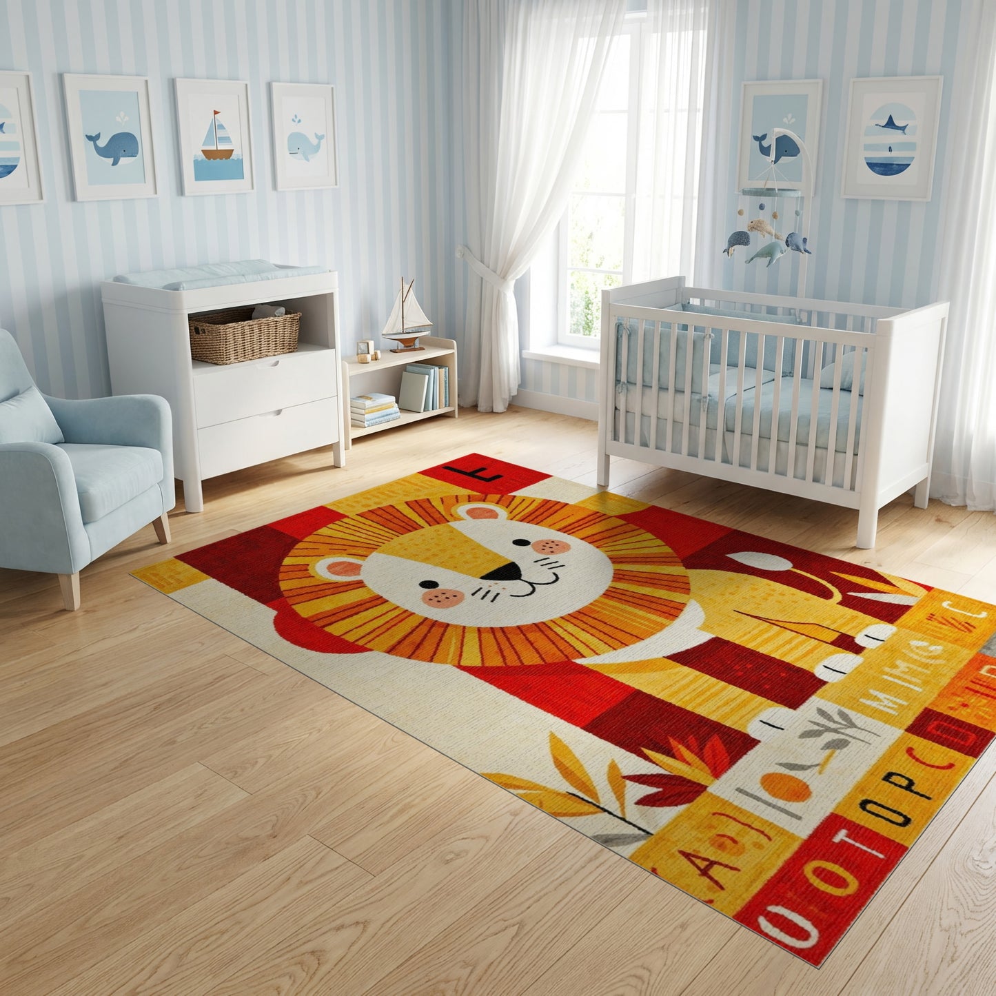 Playful Geometric Lion Alphabet Rug