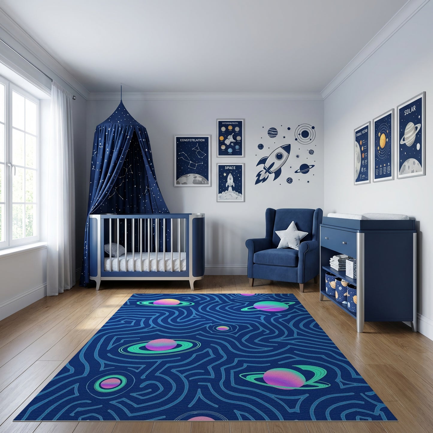 Navy Wavy Cosmic Ringed Planets Rug