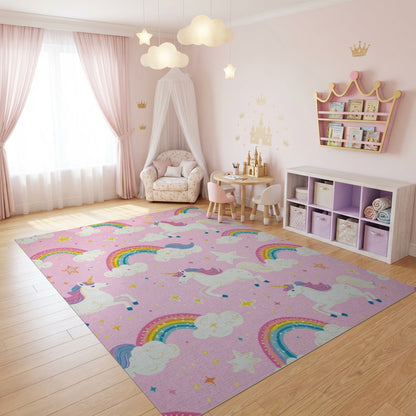 Whimsical Pink Unicorn Rainbow Stars Rug