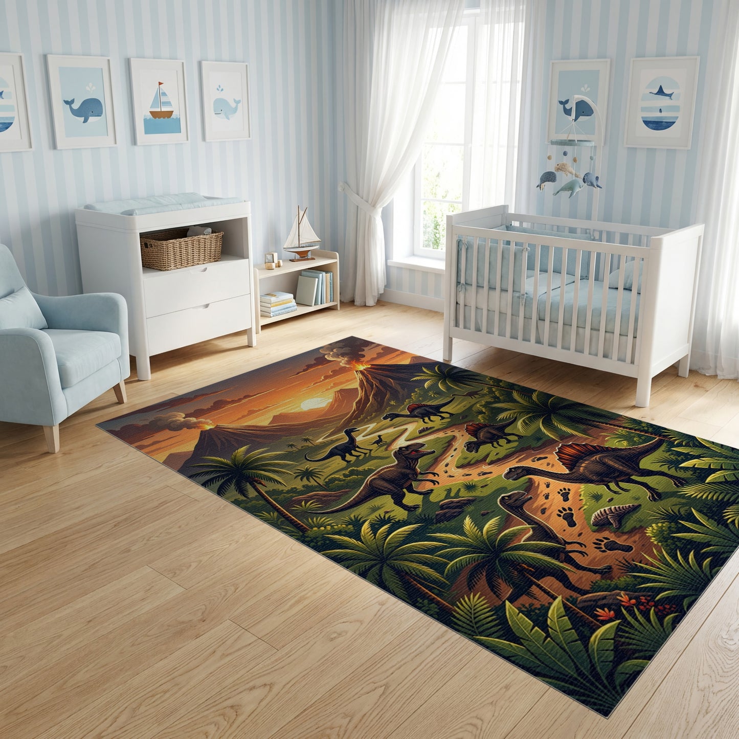 Vibrant Dinosaur Volcano Tropical Sunset Rug
