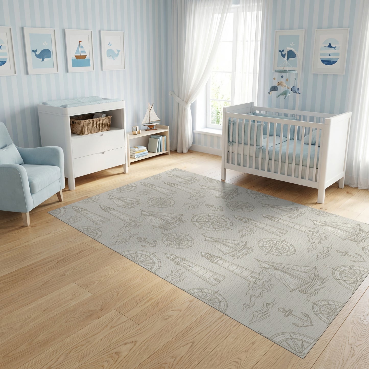 Vintage Nautical Lighthouses Sailboats Compasses Rug