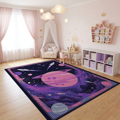 Pink Saturn Rockets Cosmic Nebula Rug