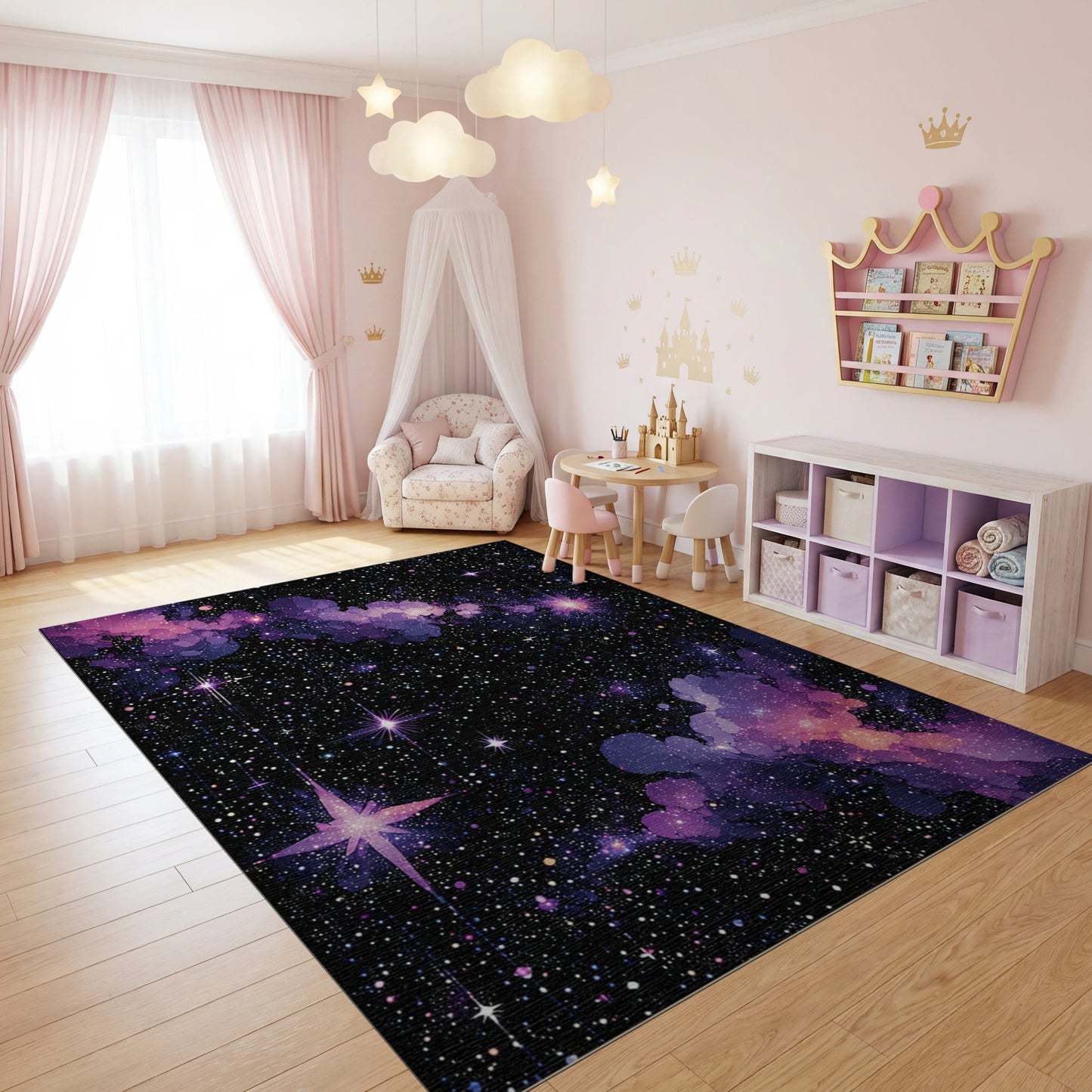 Vibrant Purple Nebula Sparkling Stars Rug