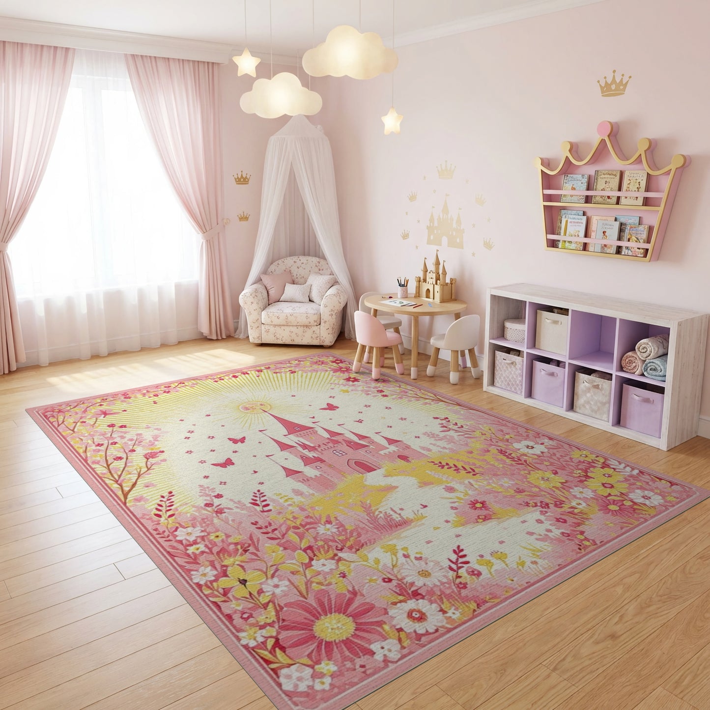 Whimsical Pink Castle Butterflies Floral Rug