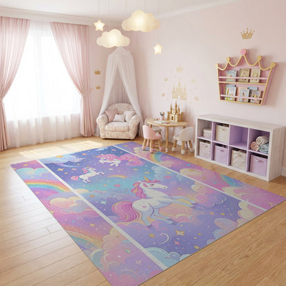 Whimsical Unicorn Rainbow Stars Clouds Rug