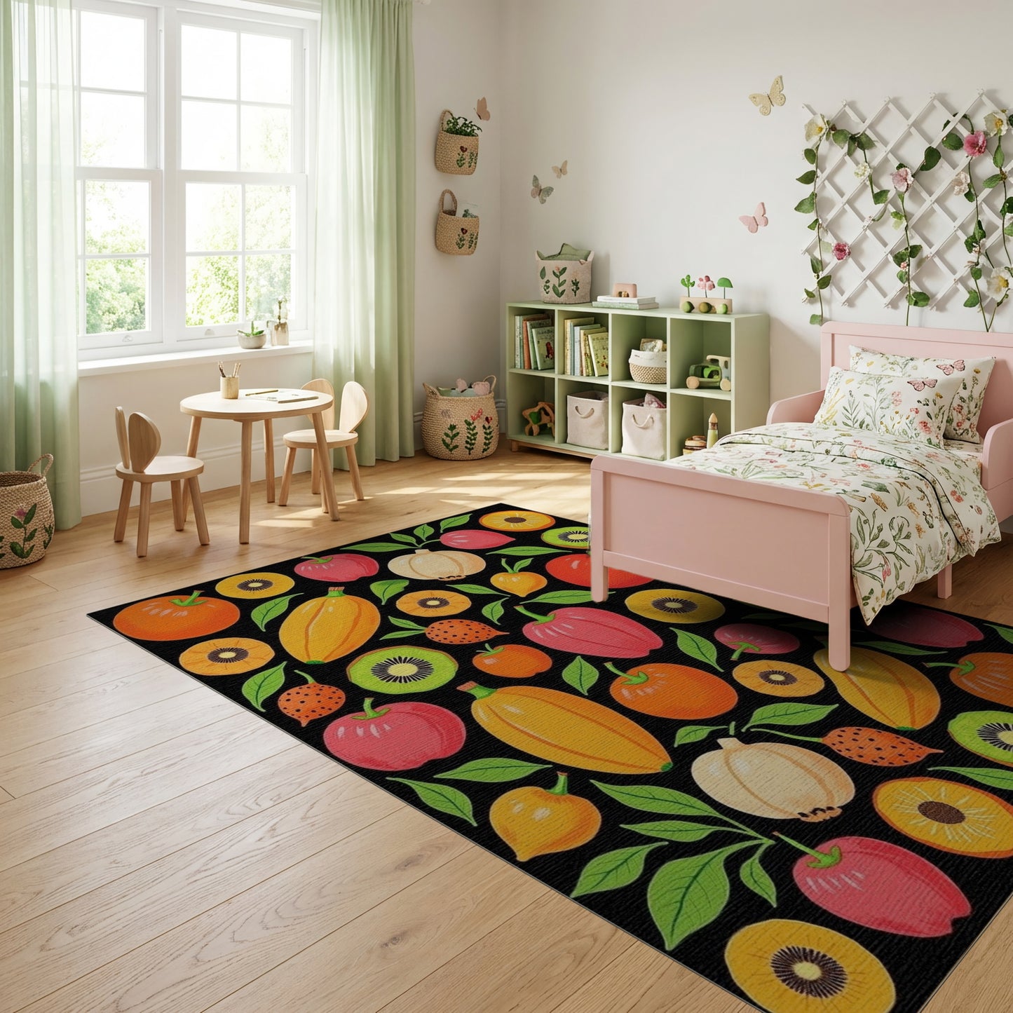 Vibrant Whimsical Fruits Vegetables Leaves Rug