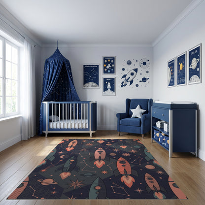 Cosmic Rocket Star Planet Navy Rug