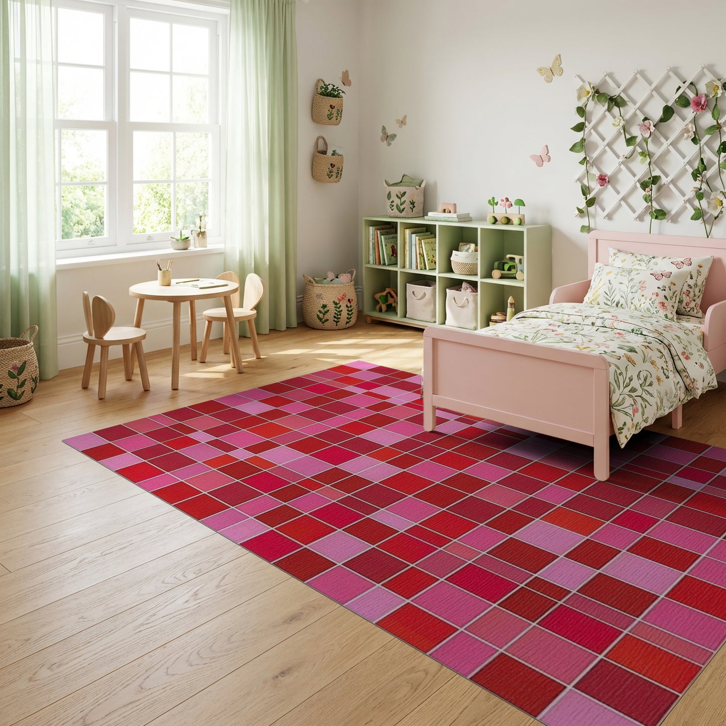 Bold Pink Red Mosaic Grid Rug