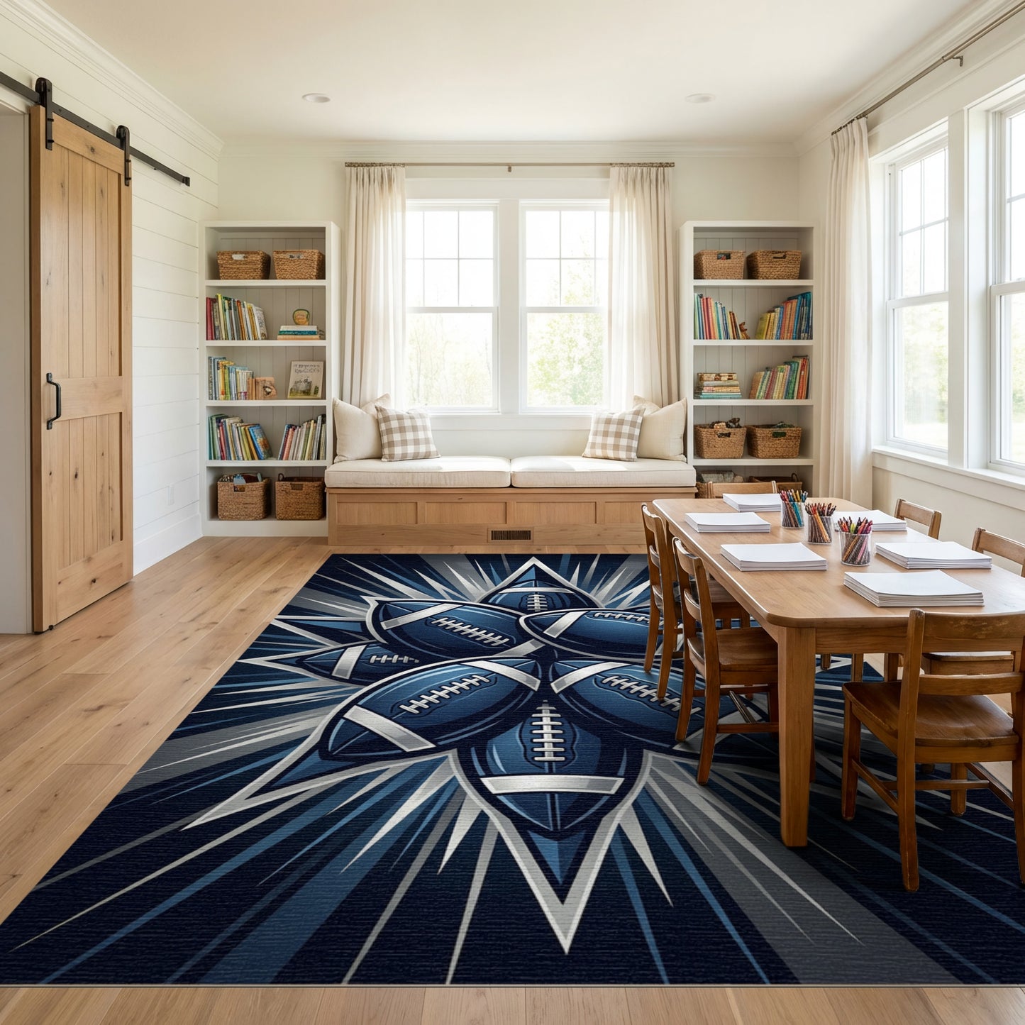 Dynamic Navy Football Starburst Rug