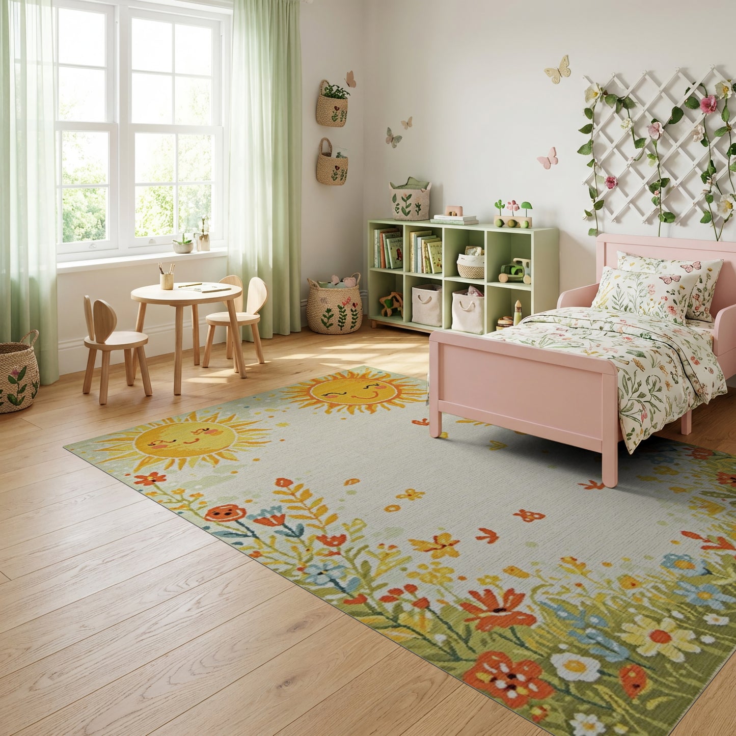 Whimsical Smiling Suns Floral Butterflies Rug