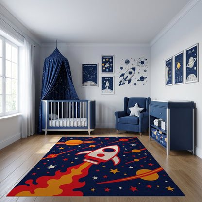 Whimsical Cosmic Rocket Stars Rug