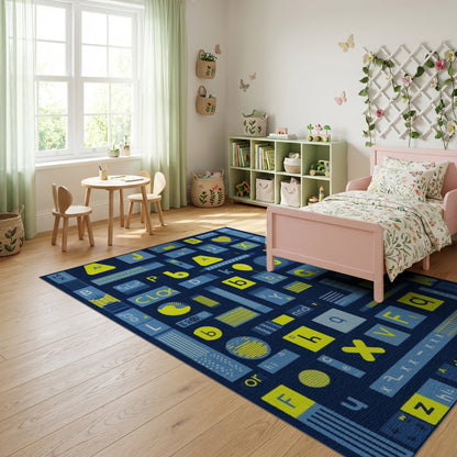 Playful Yellow Blue Alphabet Collage Rug