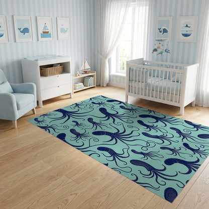 Teal Navy Octopus Tentacles Whimsical Rug