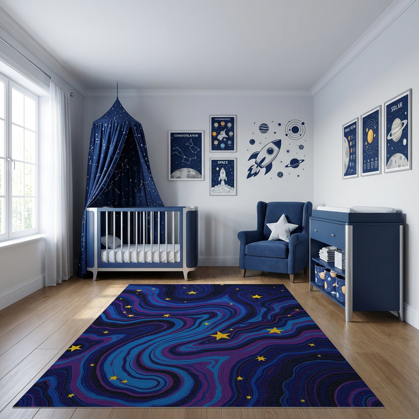 Swirling Yellow Stars Deep Blue Rug 2