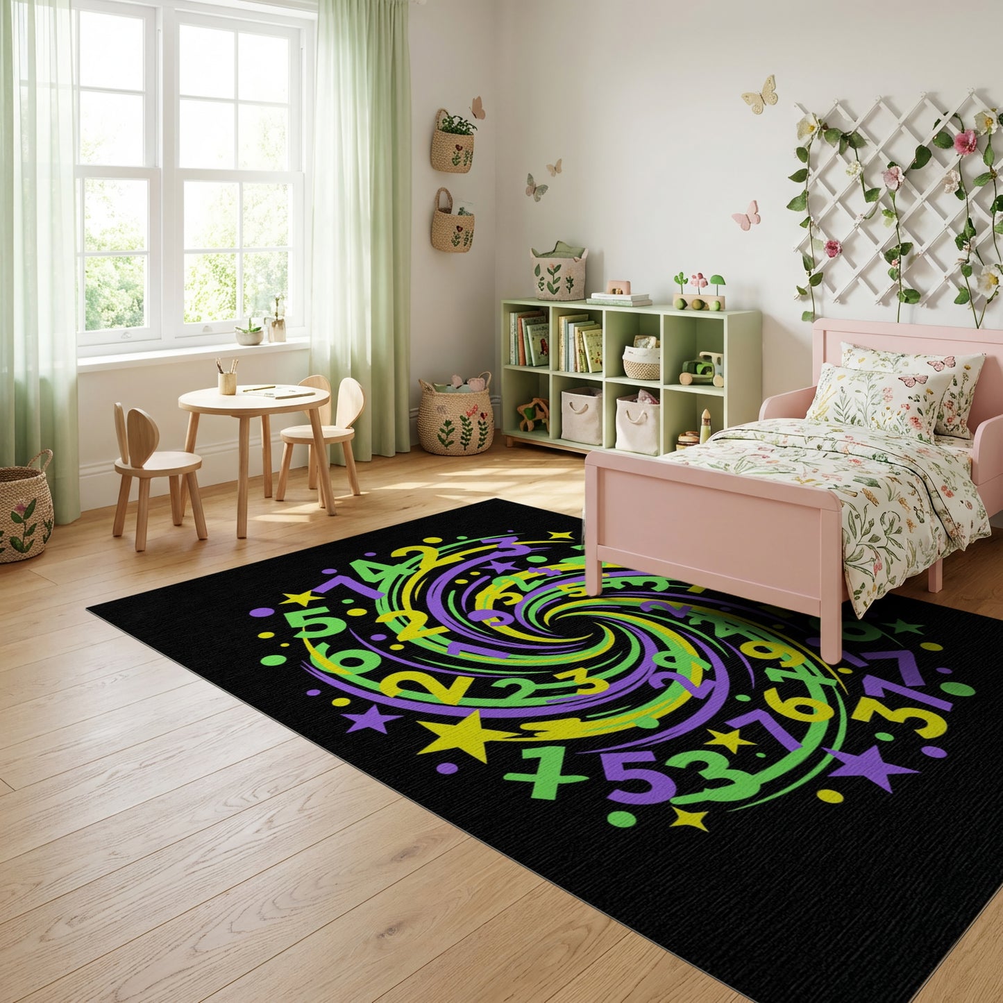 Swirling Purple Green Yellow Numbers Stars Rug