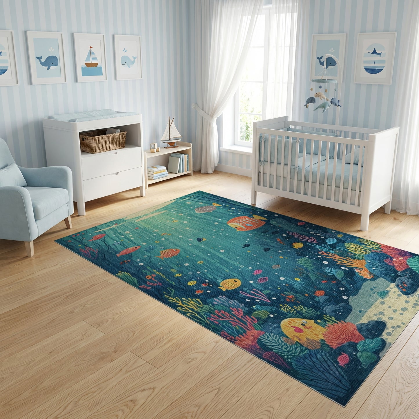 Whimsical Teal Fish Coral Sunbeam Rug