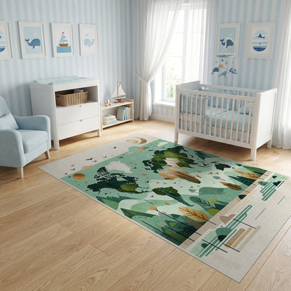 Teal World Map Forest Mountains Rug