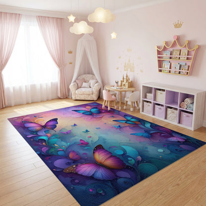 Whimsical Multicolor Butterfly Floral Swirl Rug