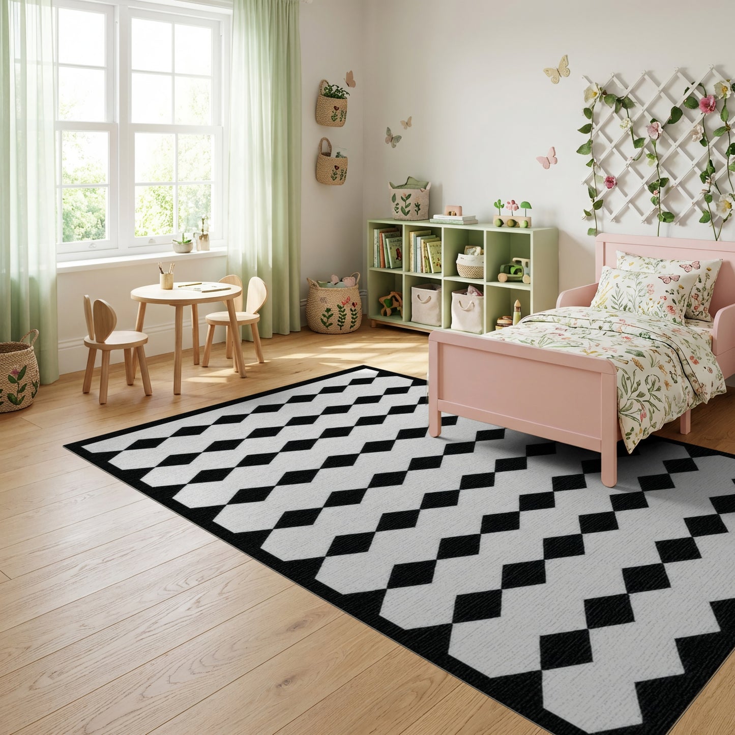 Black and White Diamond Geometric Rug