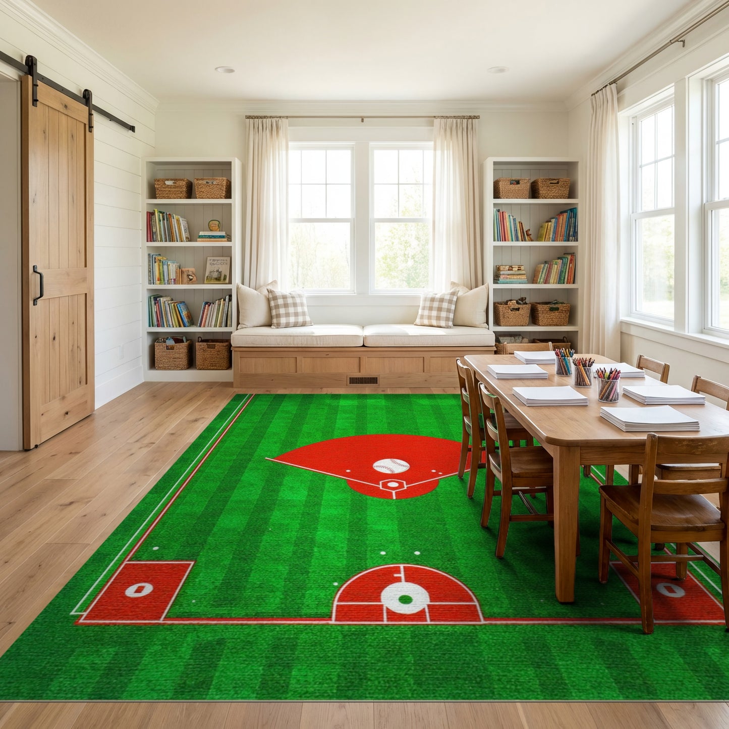 Green Striped Baseball Diamond Field Rug