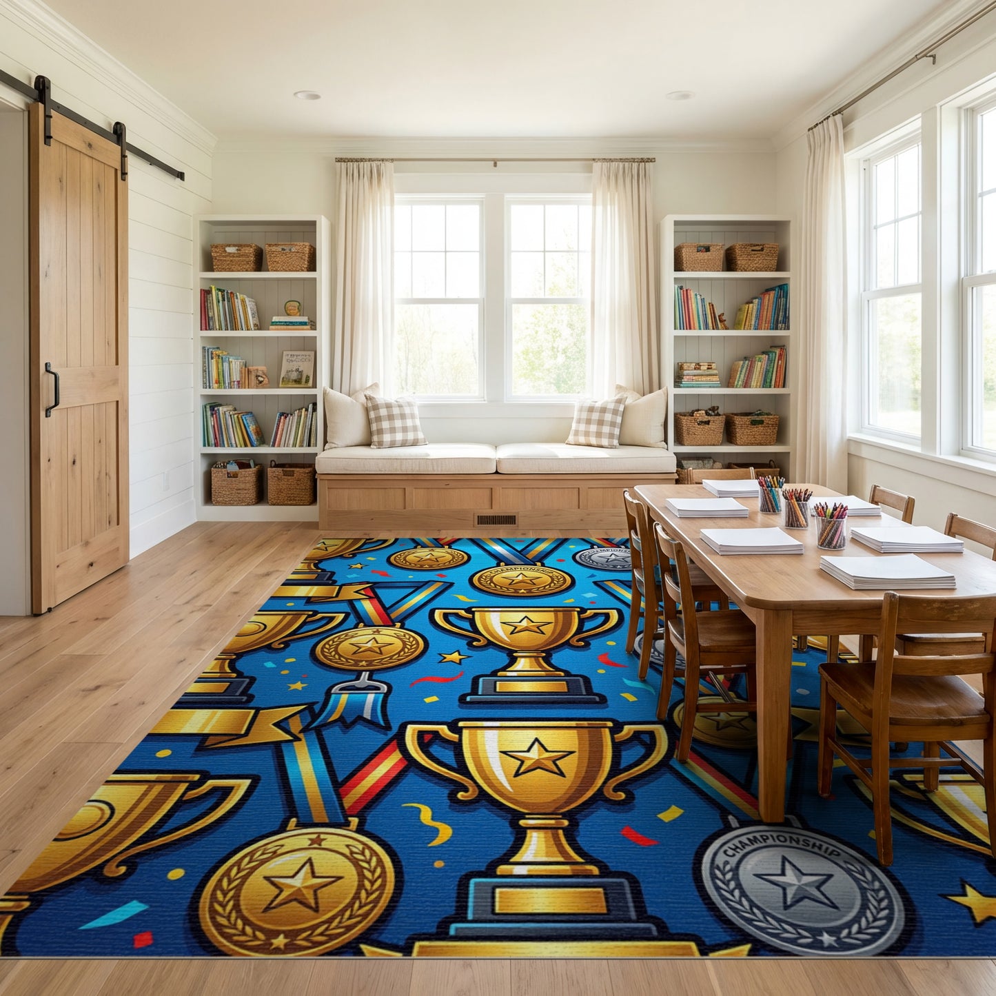 Celebratory Gold Silver Trophies Confetti Rug