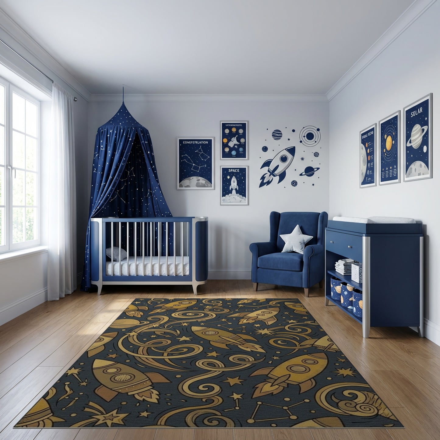 Cosmic Golden Rockets Swirling Stars Rug
