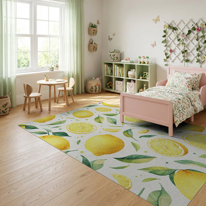Vibrant Watercolor Lemons Green Leaves Rug