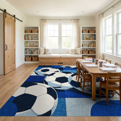 Bold Navy Soccer Balls Rug