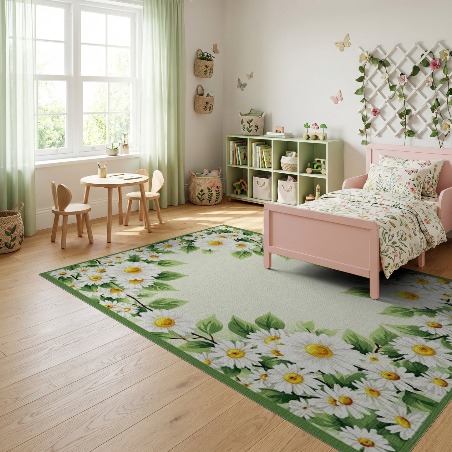 Fresh White Daisies Green Leaf Border Rug
