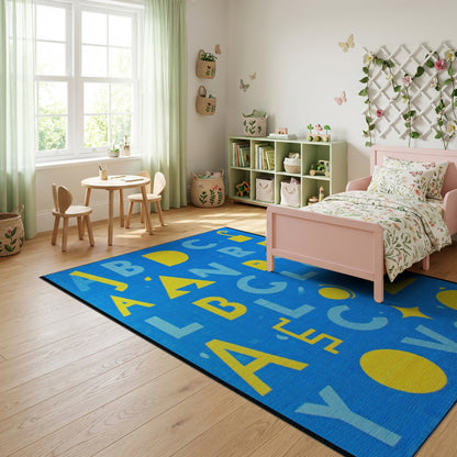 Playful Bold Yellow Alphabet Blue Rug