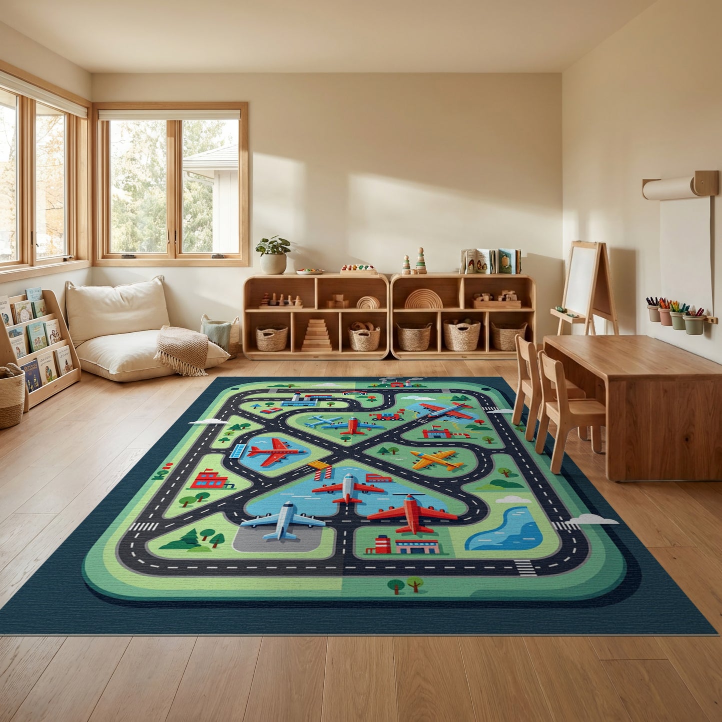 Playful Green Airplanes Roads City Rug